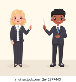 Mulher de negócios multinacional sorridente e homem com lápis apontador de madeira. Professor de pé em um terno cinza formal sobre fundo claro. Cartaz, Banner, Flyer. Ilustração vetorial em estilo de desenho animado plano