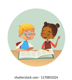 Smiling multiracial boy and girl reading books and talking to each other at school library. School kids discussing literature in round frames. Cartoon vector illustration for banner, poster.