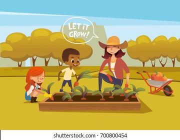 Crianças multirrraciais sorridentes e trabalhadora agrícola em botas de borracha e luvas colhendo legumes no jardim de outono. Conceito de jardinagem para crianças. Ilustração vetorial para banner, cartaz.