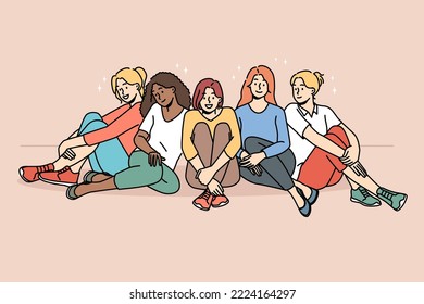 Smiling multiracial diverse women sit together show unity and support. Happy multiethnic interracial girls have fun relax. Togetherness and friendship. Vector illustration. 