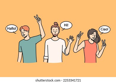 Smiling multiracial people waving hands greeting in different languages. Happy interracial men and women saying hello. Multiethnic group. Vector illustration. 