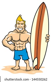 smiling muscle surfer posing with surfboard