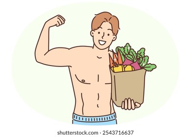 Smiling muscular man with bag full of fresh vegetable show biceps. Happy toned male athlete with organic food follow healthy lifestyle do sport. Vector illustration.