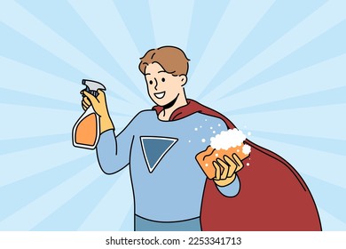 Smiling muscular man in superhero costume holding washcloth and detergent ready for cleanup. Happy male cleaner or housekeeper show good quality service. Housekeeping. Vector illustration. 