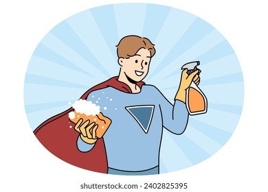 Smiling muscular man in superhero costume holding washcloth and detergent ready for cleanup. Happy male cleaner or housekeeper show good quality service. Housekeeping. Vector illustration.