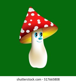 A smiling mushroom fly agaric with a red hat and white spots isolated on a green background