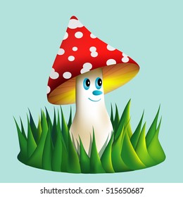 A smiling mushroom with a red hat and white spots