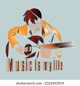Smiling musician man and vector acoustic guitar.