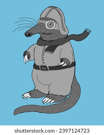 Smiling muskrat in retro jumpsuit and goggles.