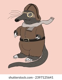 Smiling muskrat in retro jumpsuit and goggles.