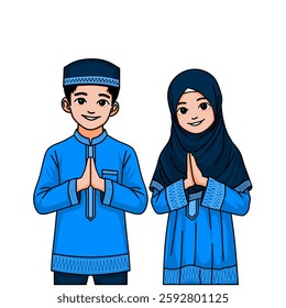 A smiling Muslim boy and girl in traditional blue attire greet with a respectful gesture. Celebrating Eid Mubarak.