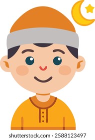 Smiling Muslim boy in orange attire under crescent moon, symbolizing Ramadan joy, fasting, and community.