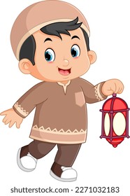 a smiling Muslim boy walking the streets and carrying a small lantern of illustration