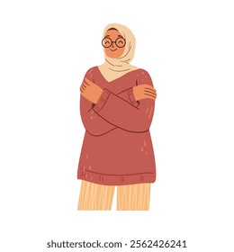 Smiling muslim female character wearing hijab embracing herself. Vector isolated woman cuddling oneself. Self love and care, empowerment and feminine energy thriving and inspiring confidence