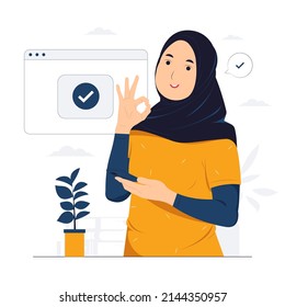 Smiling Muslim girl with mobile phone wearing hijab and standing while showing thumbs up positive gesture, Ok sign and gesture language concept illustration