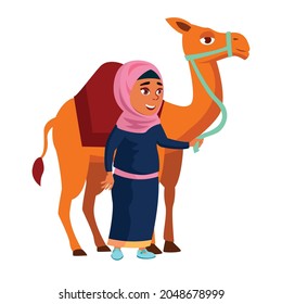 smiling muslim girl teen walking with camel in desert cartoon vector. smiling muslim girl teen walking with camel in desert character. isolated flat cartoon illustration