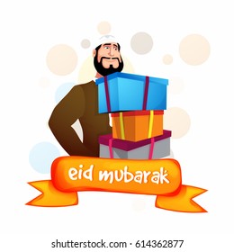 Smiling Muslim Man with Gift Boxes for Holy Festival Eid Mubarak celebration.