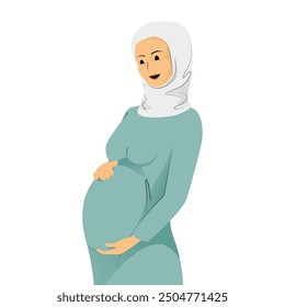 Smiling muslim pregnant woman in blue hijab tenderly holding her belly