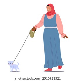 Mulher Muçulmana Sorridente Em Um Hijab, Vestida Com Trajes Casuais, Andando Com Um Pequeno Cachorro Em Uma Correia. A Cena Vetorial Descreve Um Estilo De Vida Relaxado E Feliz, Enfatizando O Cuidado Com Animais De Estimação E Atividades Diárias Ao Ar Livre