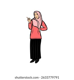 smiling muslim woman pointing up with her right hand vector illustration