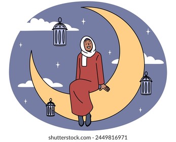 Smiling muslim woman sitting on moon celebrate Ramadan Kareem. Happy female in hijab greeting Ramadan. Culture and religion. Vector illustration.