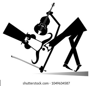 Smiling mustache cellist in the top hat bows low to the public black on white illustration vector