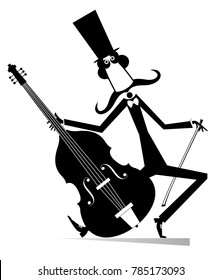 Smiling mustache man in the top hat is playing music on cello with inspiration vector illustration