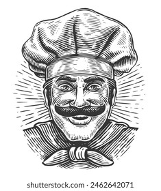 Smiling mustachioed chef in hat. Bakery, bistro, restaurant emblem. Hand drawn sketch vintage drawing
