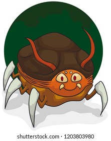 Smiling mutant flea with four eyes, antennas, a rock hard shell and forearms finished in sharp spikes.