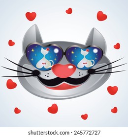 Smiling muzzle cat with glasses on white background.