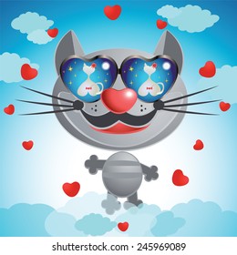 Smiling muzzle cat with glasses on the sky background.