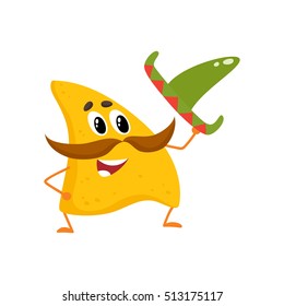 Smiling nachos with thick moustache and Mexican sombrero, cartoon vector illustration isolated on white background. Humanized Mexican nachos with large whiskers, raising sombrero in greeting