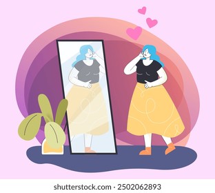 Smiling narcissist woman standing in front of mirror. Happy female character having look at herself and enjoying her reflection in looking glass flat vector illustration. Narcissism and beauty concept