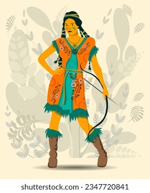 Smiling Native American girl in traditional clothes with embroidery holds a bow and arrow on the background of art plant elements. Flat design personas. Vector.