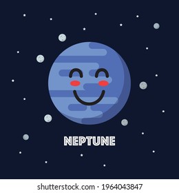 Smiling neptune character emoticon. star and planets on galaxy background. Flat style vector illustration