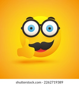Smiling Nerd Emoji - Simple Happy Male Emoticon with Glasses and Mustache Showing Thumbs Up on Yellow Background - Vector Design for Web and Instant Messaging Apps