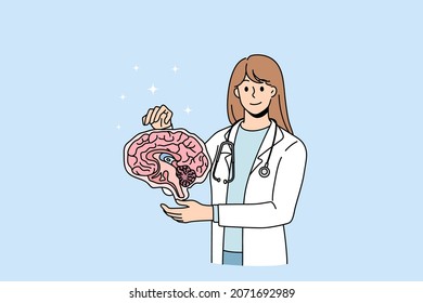 Smiling neurology surgeon hold human brain model examine body organ. Happy neuroscientist do research clinical investigation. Diagnostics and treatment concept. Flat vector illustration. 