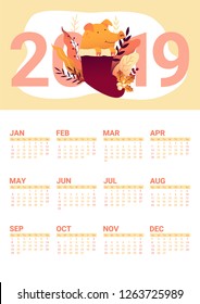 Smiling New Year 2019 planner with a pig in crimson Christmas stocking, decorated with holly and different herbs. Colorful vector organizer in warm colors for printing.