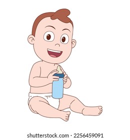 smiling newborn baby holding a milk bottle vector illustration design