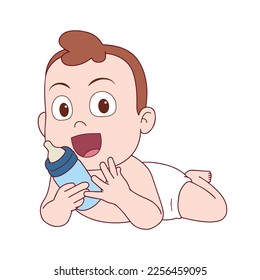 smiling newborn baby holding a milk bottle vector illustration design