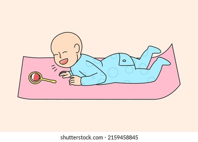 Smiling newborn baby in pajama lying on children mat laughing. Cute happy little kid toddler crawling on belly. Joyful adorable infant in pyjama. Childhood concept. Vector illustration. 