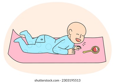 Smiling newborn baby in pajama lying on children mat laughing. Cute happy little kid toddler crawling on belly. Joyful adorable infant in pyjama. Childhood concept. Vector illustration.