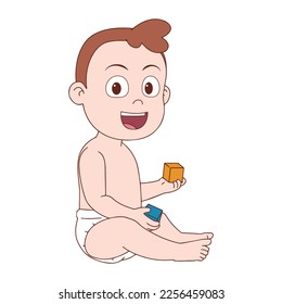 smiling newborn baby play colorful puzzle box - vector illustration design