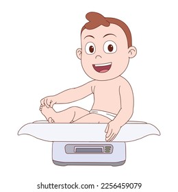 smiling newborn baby sitting on the scales - vector illustration design