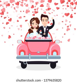 Smiling newlyweds standing in wedding car decorated by flowers, groom holding bride, valentine or romantic postcard with hearts, couple characters vector