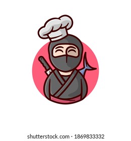A SMILING NINJA WEARING WHITE CHEF HAT AND BRING FISH AND KNIFE ON HIS BACK CARTOON LOGO