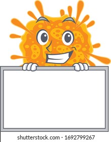Smiling nobecovirus cartoon design style has a board