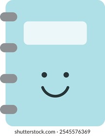 Smiling notebook character with rings on the side and a blank label.