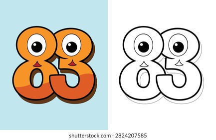 Smiling Number 83 Coloring Sheet Vector Illustration on White Background