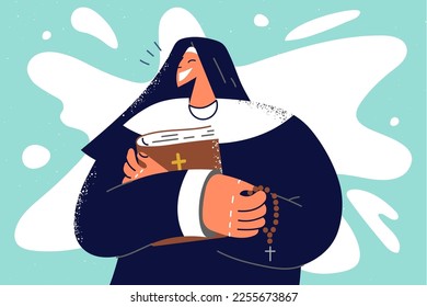 Smiling nun in robe holding bible and rosary praying to God. Happy church sister pray with beads. Religion and faith. Vector illustration. 